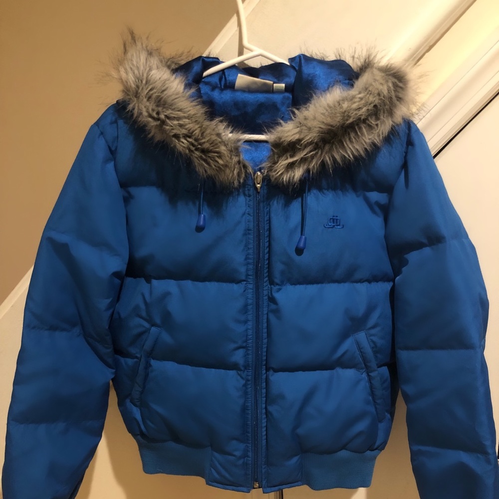 jlo bomber puffer jacket in royal blue
